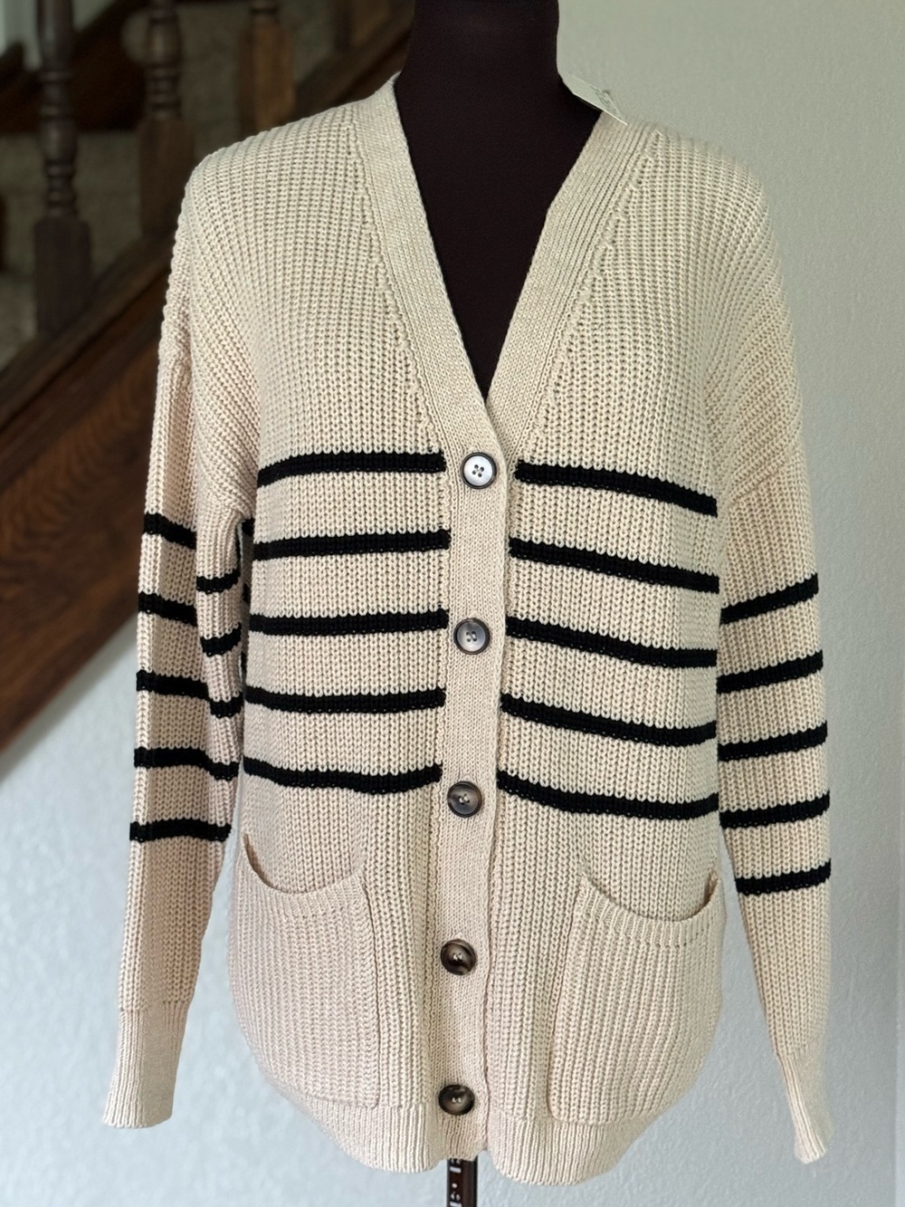 John + Jenn Lily Cardigan Cream Black Stripe Chunky Knit Sweater S NWT